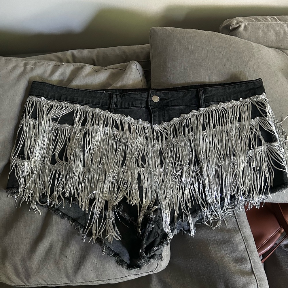 Plus Size Silver Party Sequin Fringe Button Denim Shorts